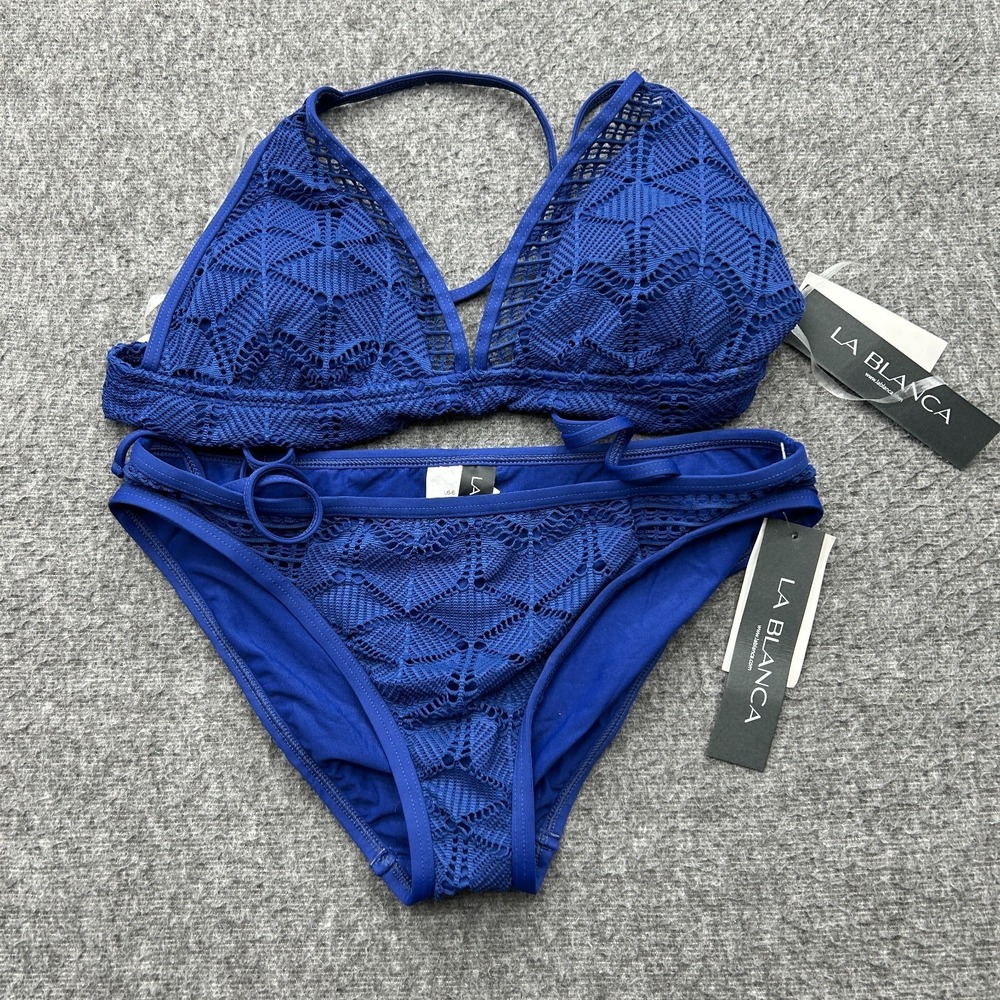 La Blanca Bikini Mesh Crochet Style 10 Top 6 Bottoms Blue Two Piece Classic